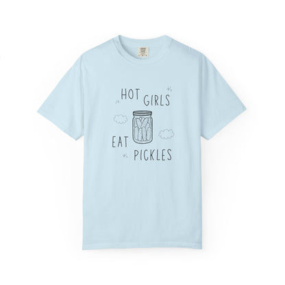 T-shirt with hand-lettered 'Hot Girls Eat Pickles' text and illustrated pickle jar with clouds