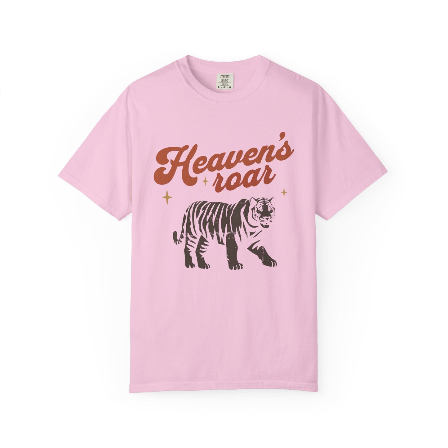 Christian t-shirt with Heaven's roar text in orange retro font and tiger graphic with stars