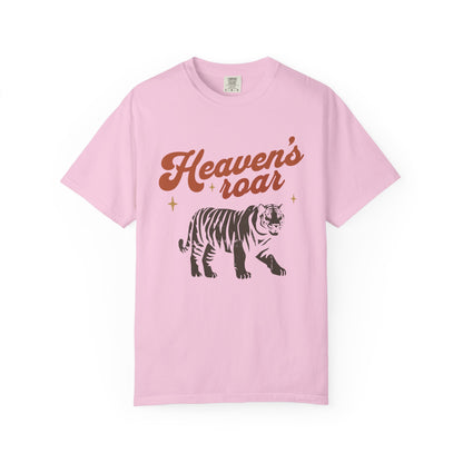 Christian t-shirt with Heaven's roar text in orange retro font and tiger graphic with stars