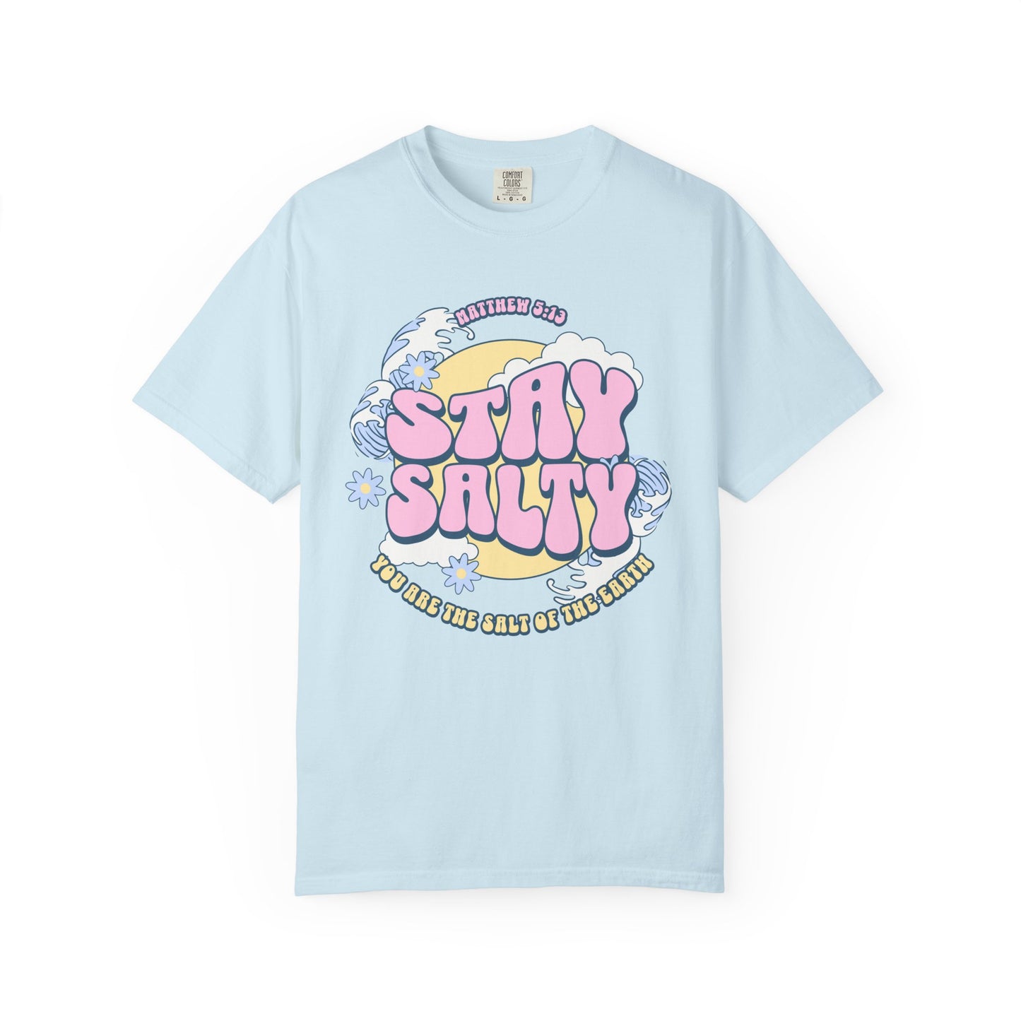 Christian t-shirt with pink 'Stay Salty' text, Matthew 5:13 verse, ocean waves and daisy flowers