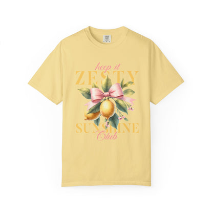 T-shirt with Keep It Zesty Sunshine Club text featuring watercolor lemons with pink bow and green leaves
