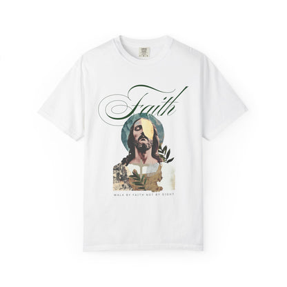 Jesus t-shirt with artistic collage design featuring Christ's face and Walk By Faith Not By Sight text