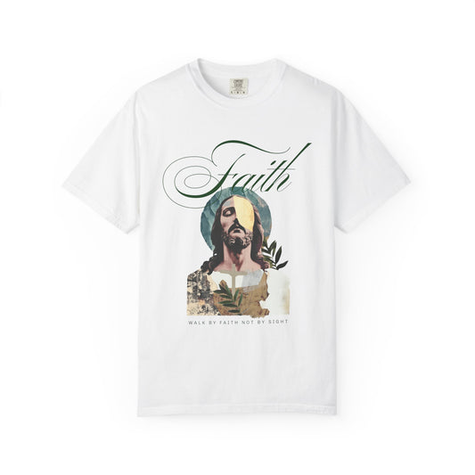 Jesus t-shirt with artistic collage design featuring Christ's face and Walk By Faith Not By Sight text