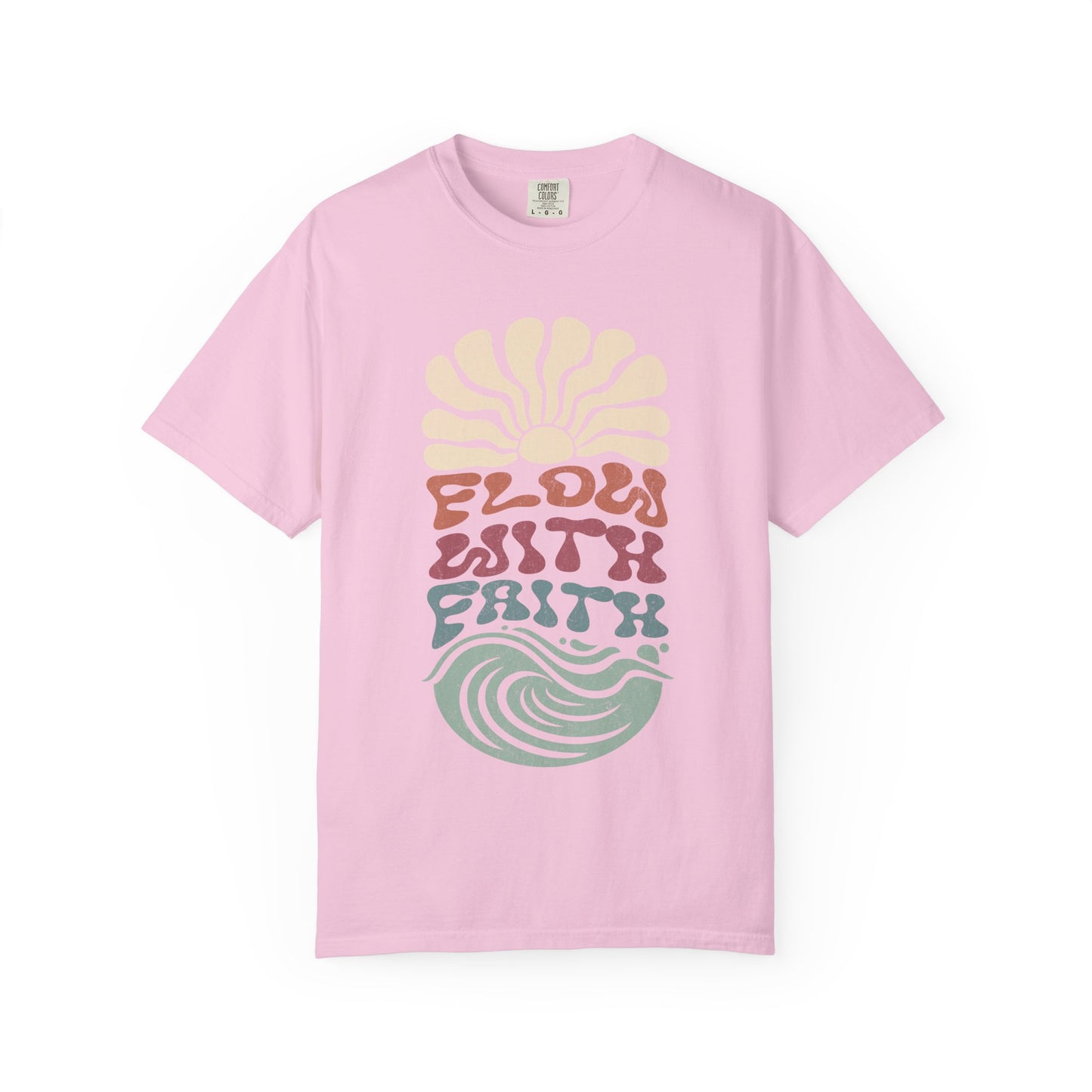 T-shirt with Flow With Faith text in groovy wavy font with retro sunset and wave design