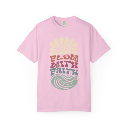 T-shirt with Flow With Faith text in groovy wavy font with retro sunset and wave design