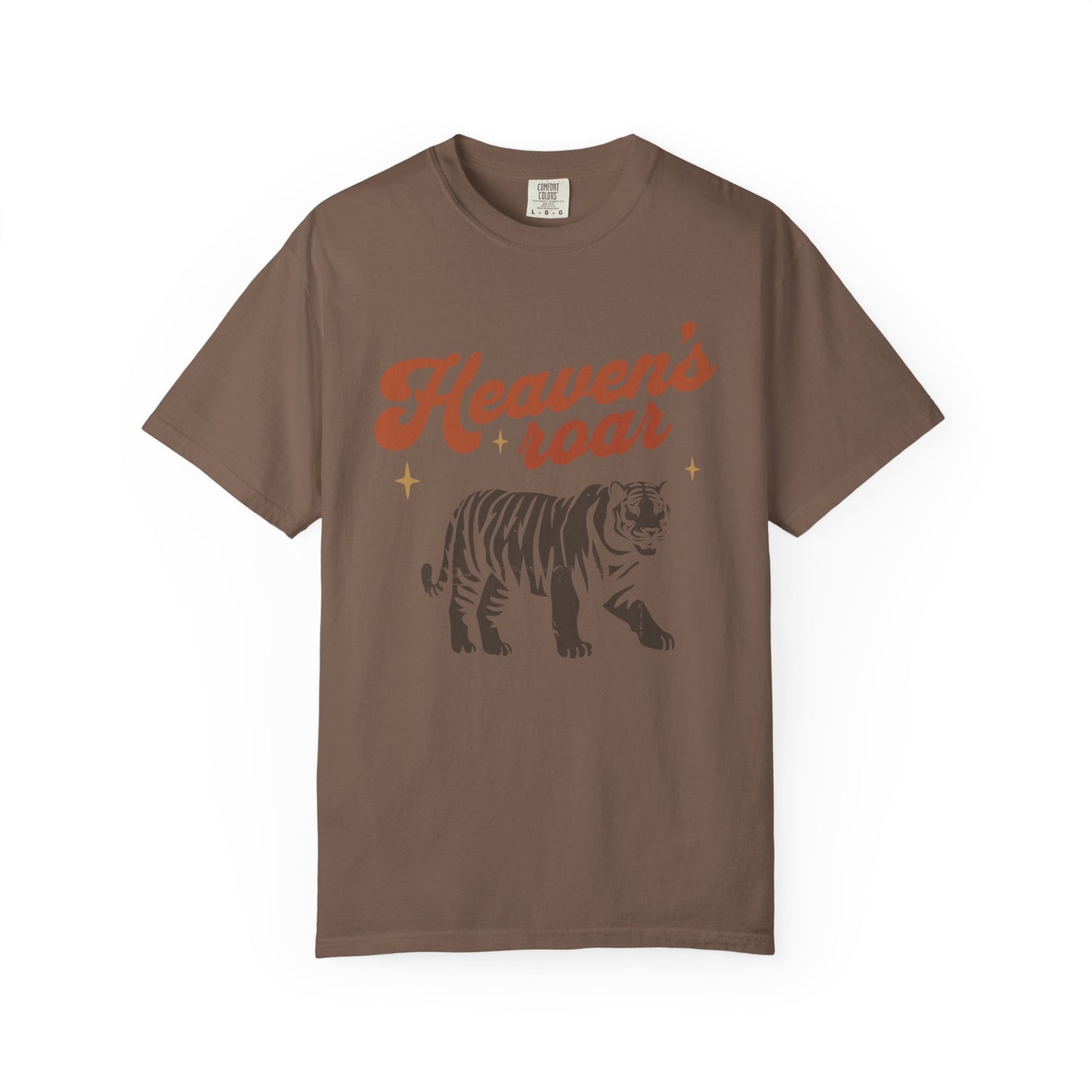 Christian t-shirt with Heaven's roar text in orange retro font and tiger graphic with stars