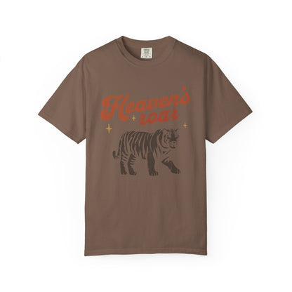Christian t-shirt with Heaven's roar text in orange retro font and tiger graphic with stars