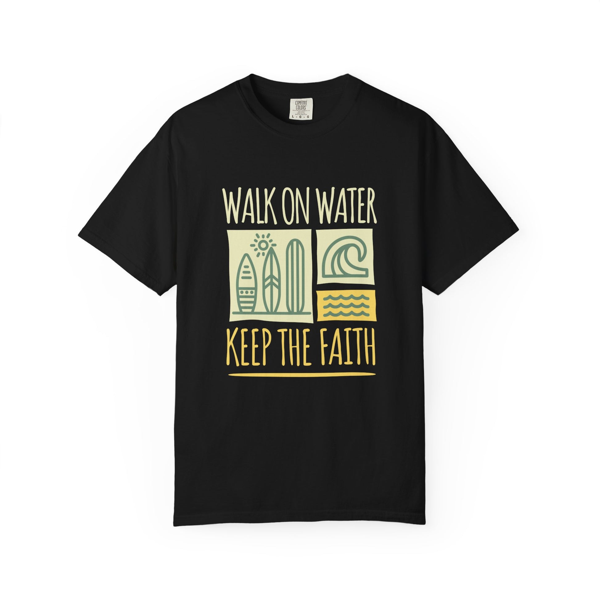 T-shirt with yellow Walk On Water Keep The Faith text, retro surfboard graphics and teal wave designs