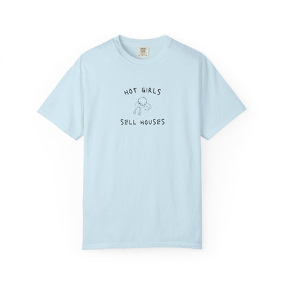 T-shirt with 'Hot Girls Sell Houses' text and hand-drawn house keys illustration in black
