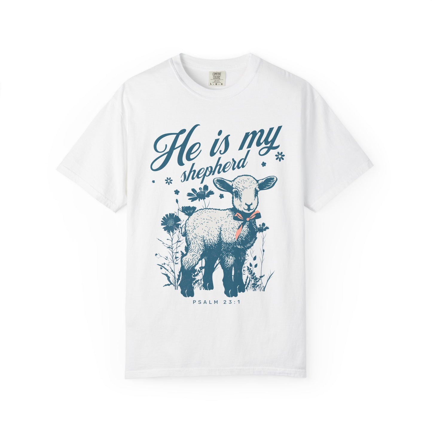 Christian t-shirt featuring adorable lamb with wildflowers and 'He Is My Shepherd' text in teal