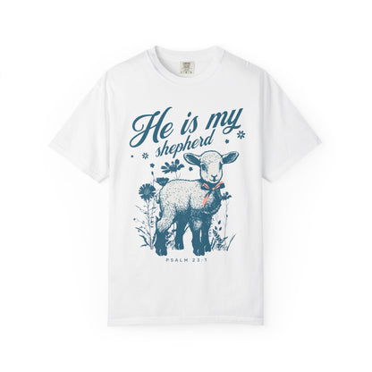 Christian t-shirt featuring adorable lamb with wildflowers and 'He Is My Shepherd' text in teal