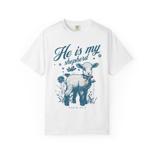 Christian t-shirt featuring adorable lamb with wildflowers and 'He Is My Shepherd' text in teal