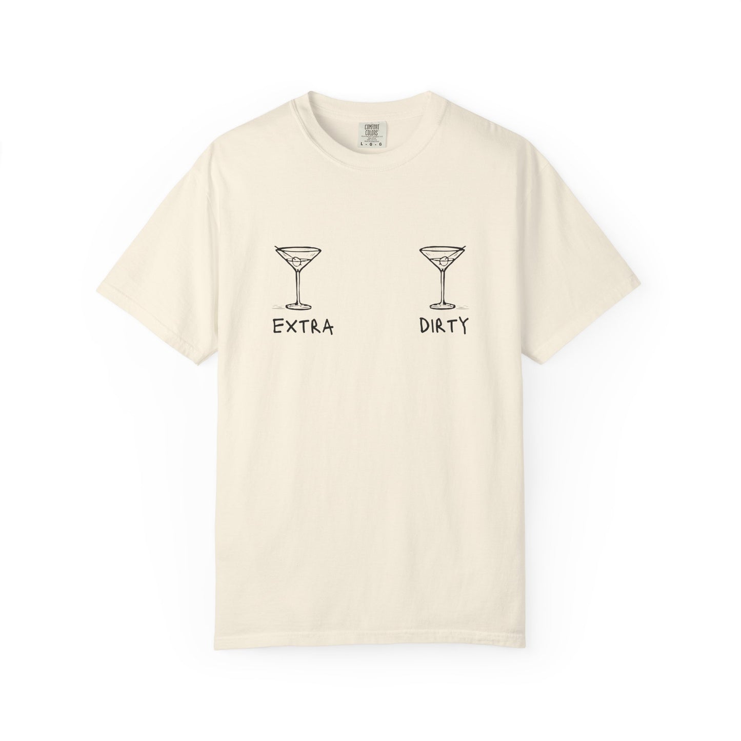 T-shirt with two martini glass illustrations and 'Extra' and 'Dirty' text in black