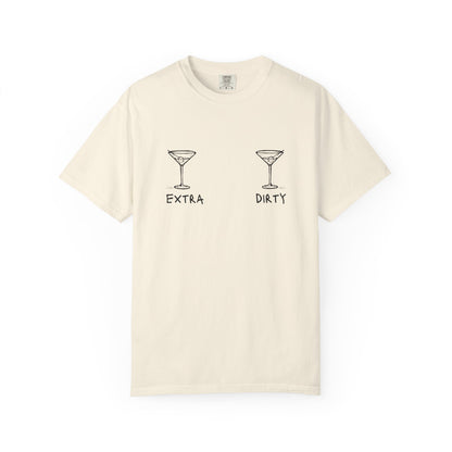 T-shirt with two martini glass illustrations and 'Extra' and 'Dirty' text in black