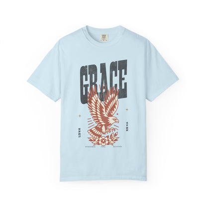 Christian t-shirt with vintage eagle design in orange and cream colors featuring Grace text and decorative elements