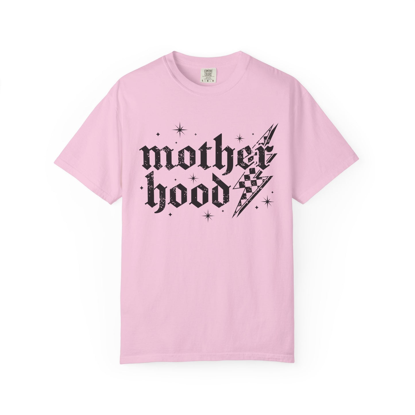 T-shirt with gothic Mother Hood text, lightning bolt graphics, and checkerboard pattern elements