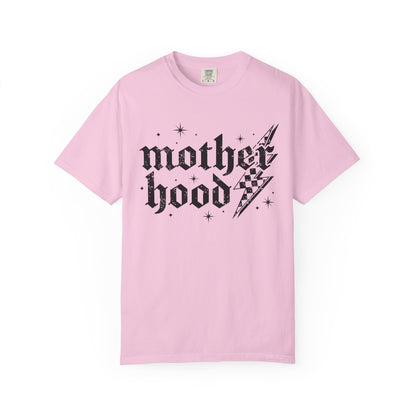 T-shirt with gothic Mother Hood text, lightning bolt graphics, and checkerboard pattern elements