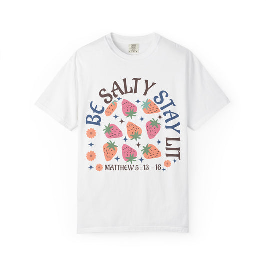 Be Salty t-shirt design with pink and orange strawberries, flowers, and Matthew 5:13-16 scripture