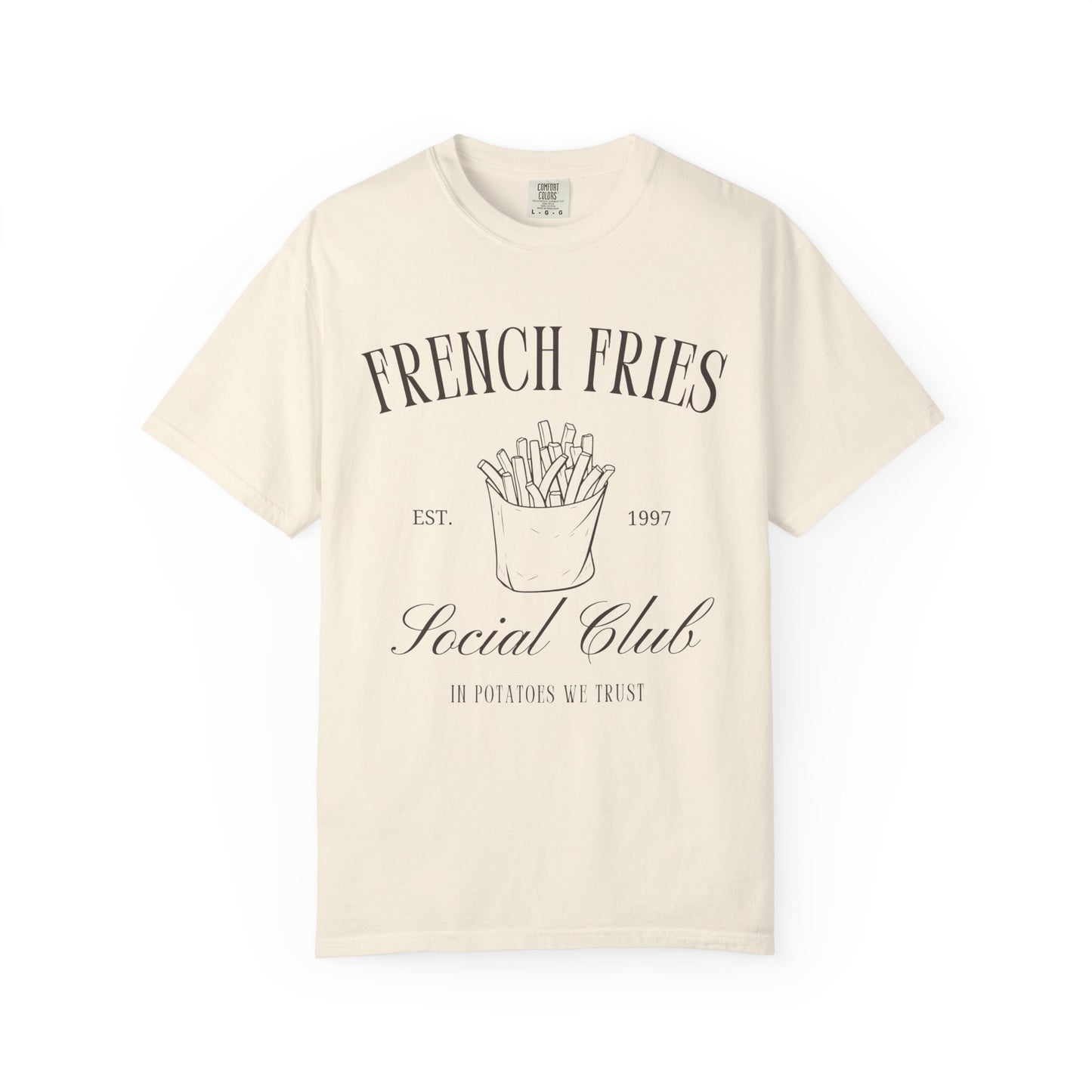T-shirt with French Fries Social Club design featuring hand-drawn fries illustration and vintage typography