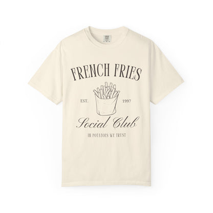T-shirt with French Fries Social Club design featuring hand-drawn fries illustration and vintage typography