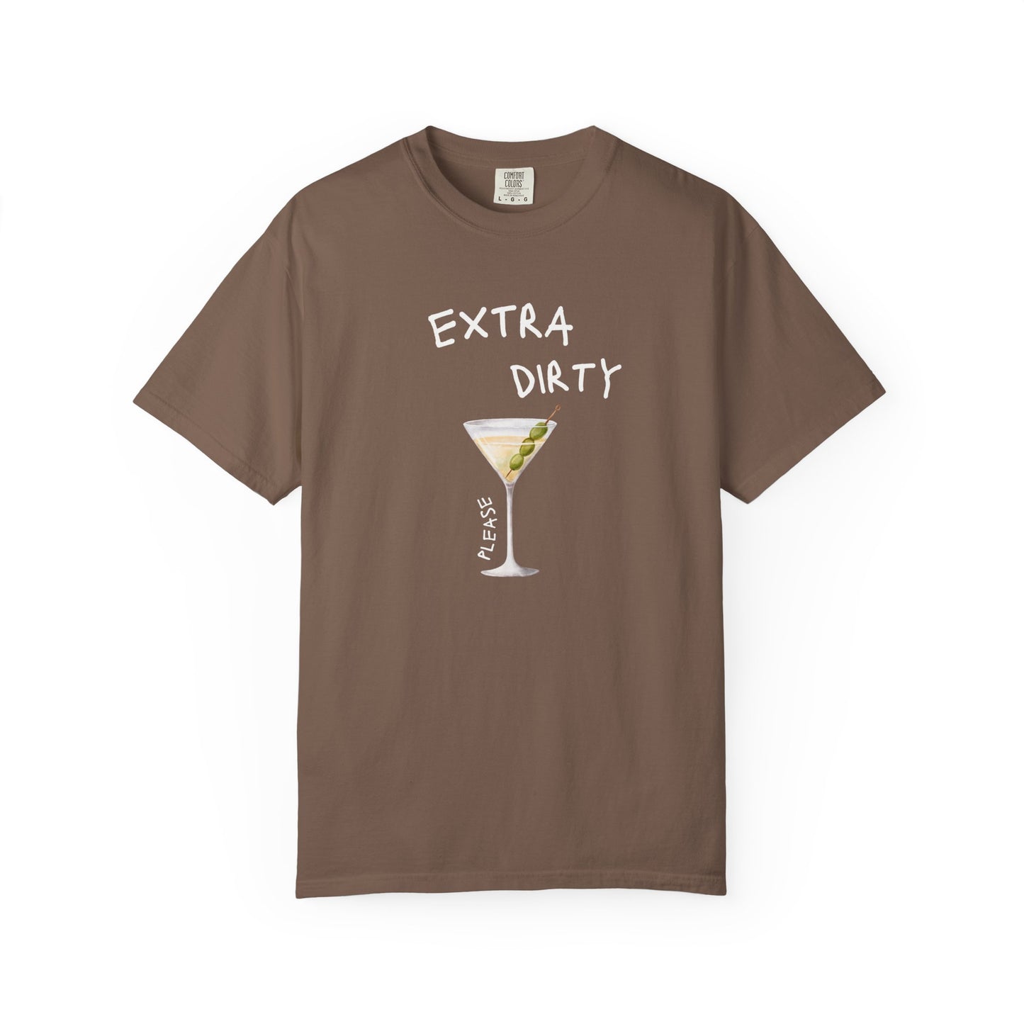 T-shirt design with martini glass filled with clear liquid and three green olives on a pick