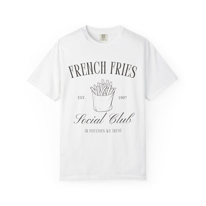 T-shirt with French Fries Social Club design featuring hand-drawn fries illustration and vintage typography