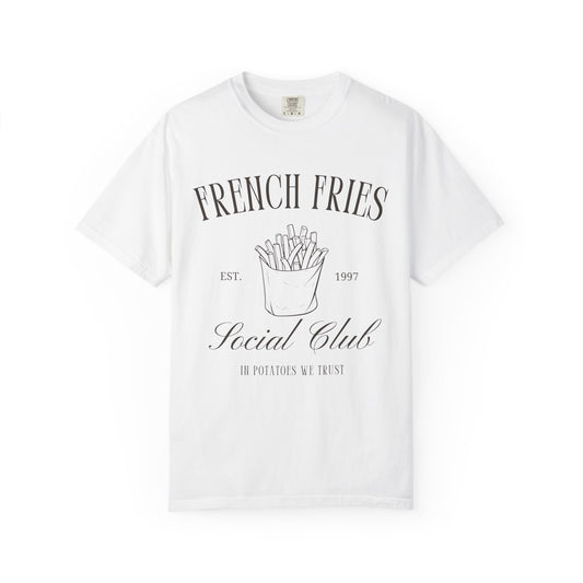 T-shirt with French Fries Social Club design featuring hand-drawn fries illustration and vintage typography