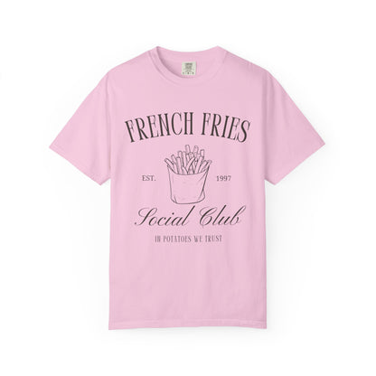 T-shirt with French Fries Social Club design featuring hand-drawn fries illustration and vintage typography