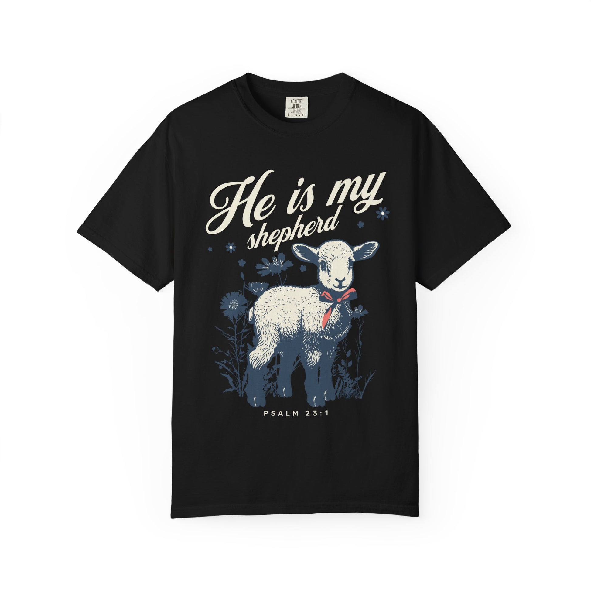 Christian t-shirt featuring adorable lamb with wildflowers and 'He Is My Shepherd' text in teal
