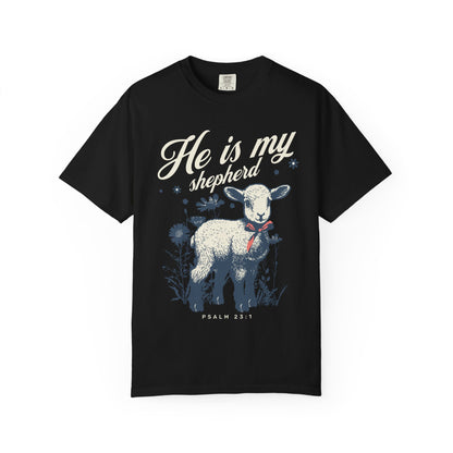 Christian t-shirt featuring adorable lamb with wildflowers and 'He Is My Shepherd' text in teal