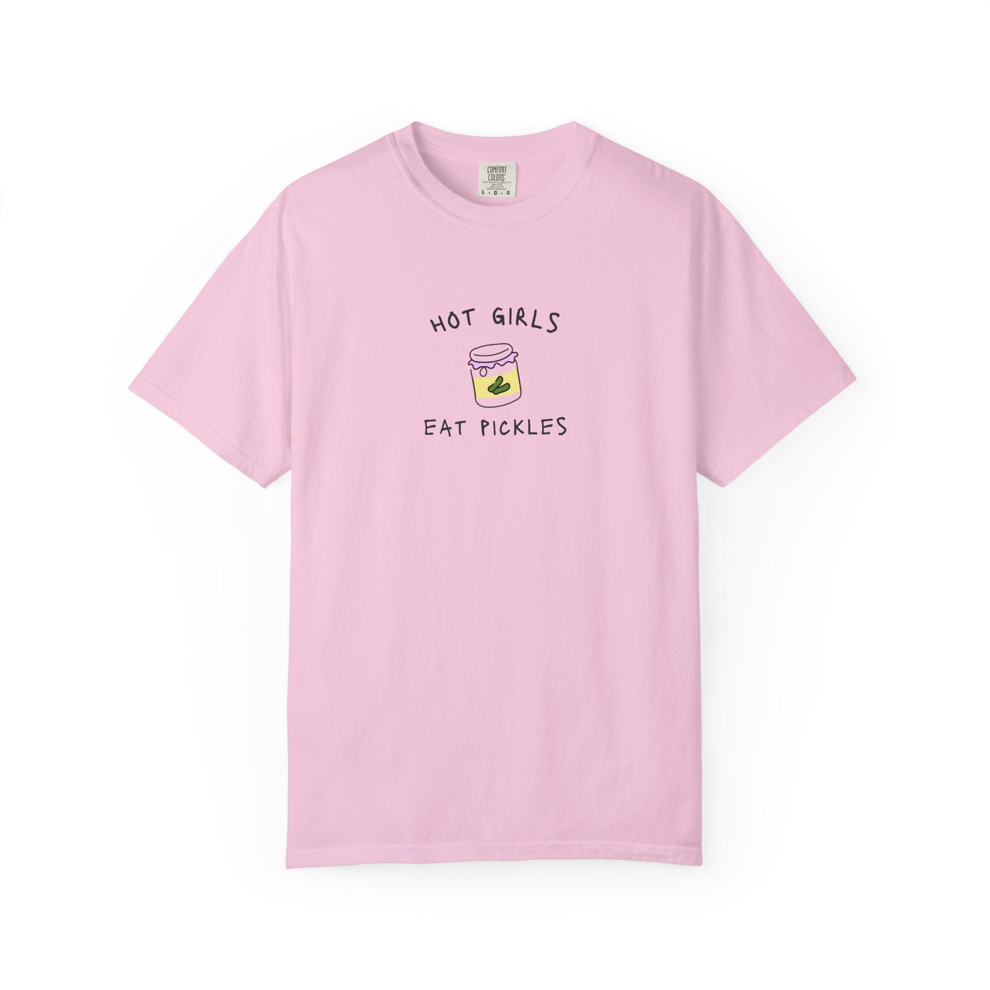 T-shirt with 'Hot Girls Eat Pickles' text and cute pickle jar illustration in pink and yellow