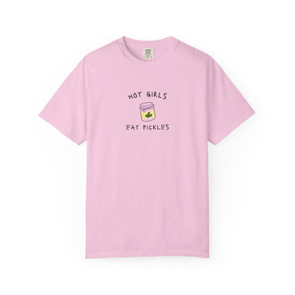 T-shirt with 'Hot Girls Eat Pickles' text and cute pickle jar illustration in pink and yellow