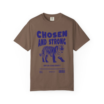 Christian t-shirt with tiger graphic and 'Chosen and Strong' text featuring Romans 8:31 verse
