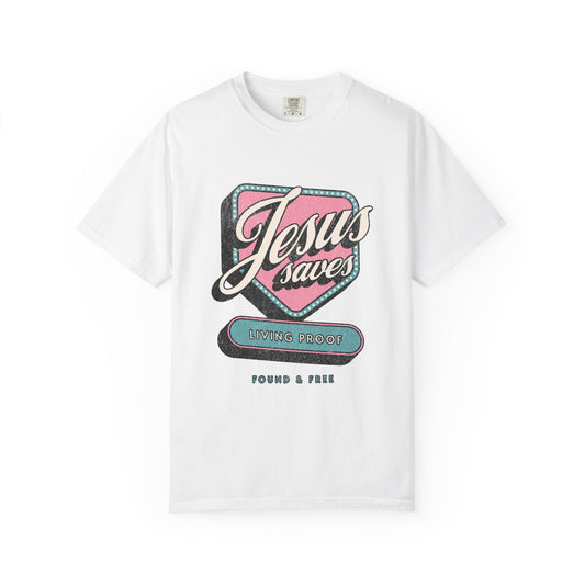 T-shirt with retro Jesus Saves design in pink and blue with distressed vintage styling