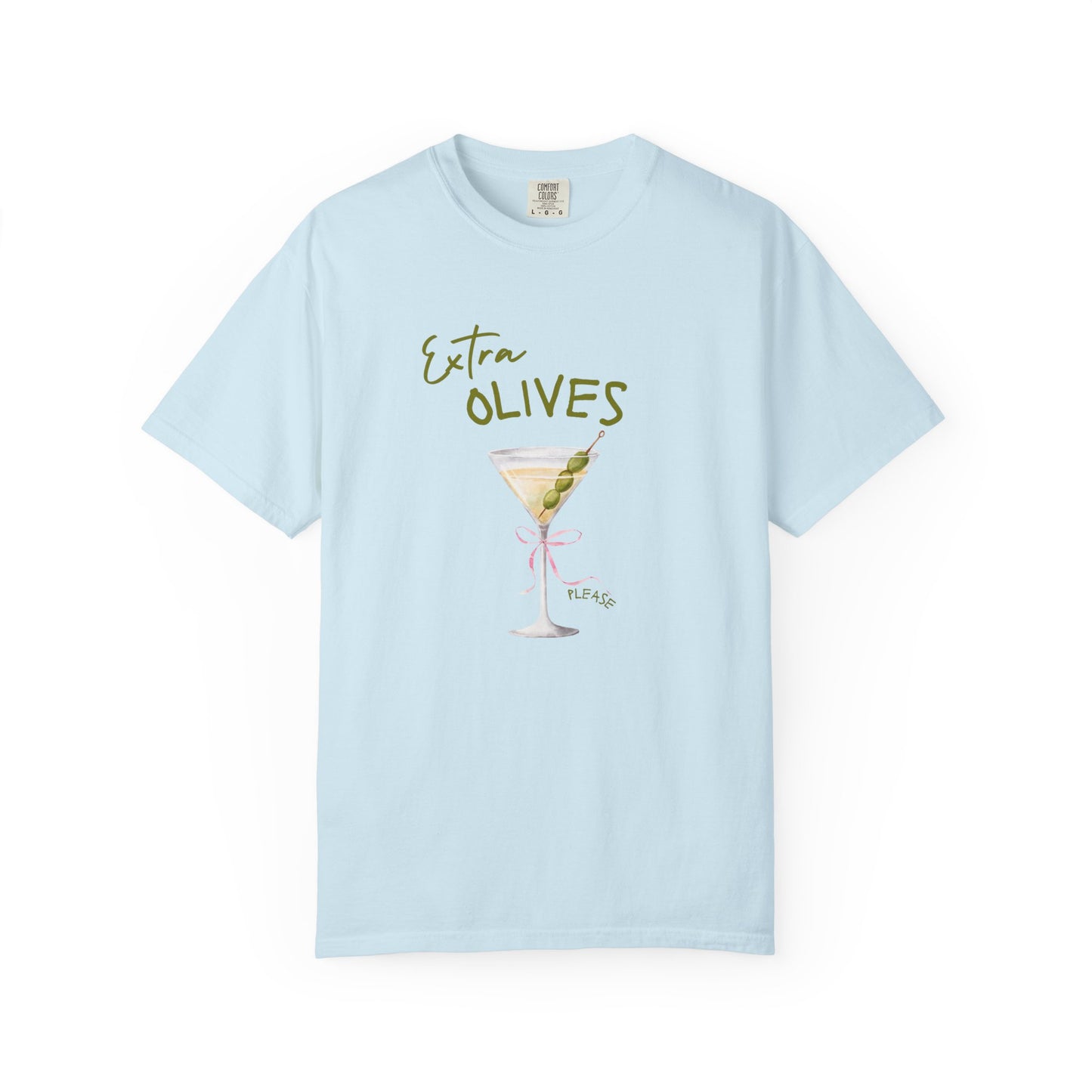 T-shirt design with martini glass, green olives, and pink bow saying Extra Olives Please