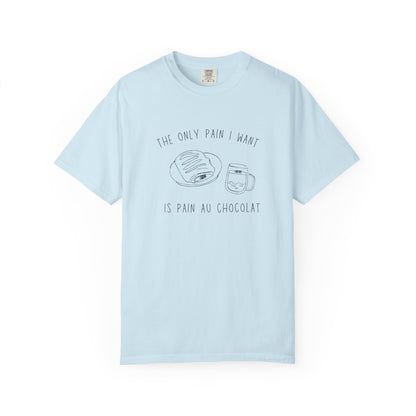 T-shirt with hand-drawn croissant and coffee cup illustration and funny baking text