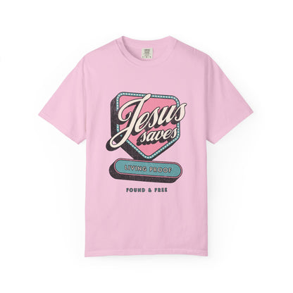 T-shirt with retro Jesus Saves design in pink and blue with distressed vintage styling