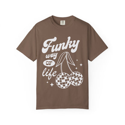 T-shirt with red retro cherry design featuring checkered disco ball cherries and funky typography