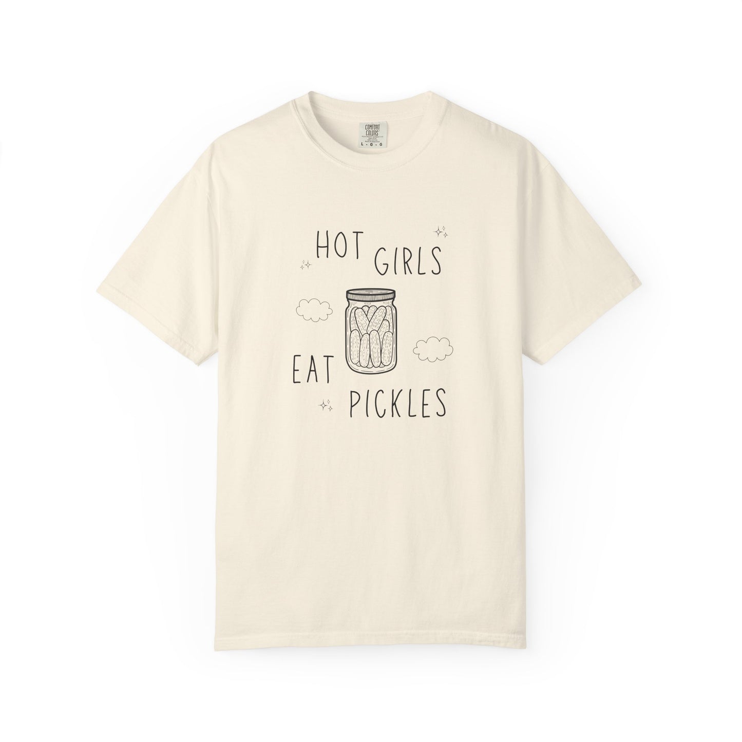 T-shirt with hand-lettered 'Hot Girls Eat Pickles' text and illustrated pickle jar with clouds