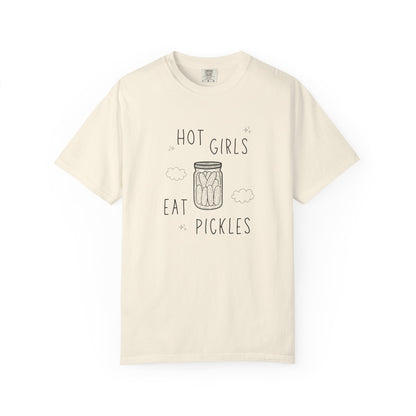 T-shirt with hand-lettered 'Hot Girls Eat Pickles' text and illustrated pickle jar with clouds