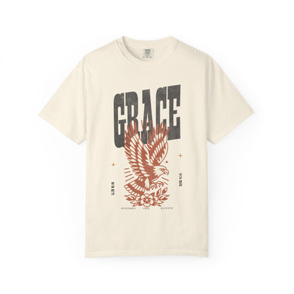 Christian t-shirt with vintage eagle design in orange and cream colors featuring Grace text and decorative elements