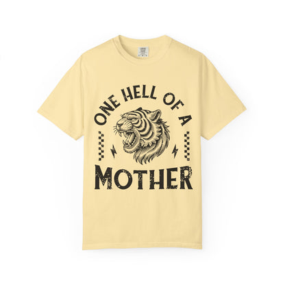 Black and white t-shirt with roaring tiger head and 'One Hell Of A Mother' text in distressed lettering