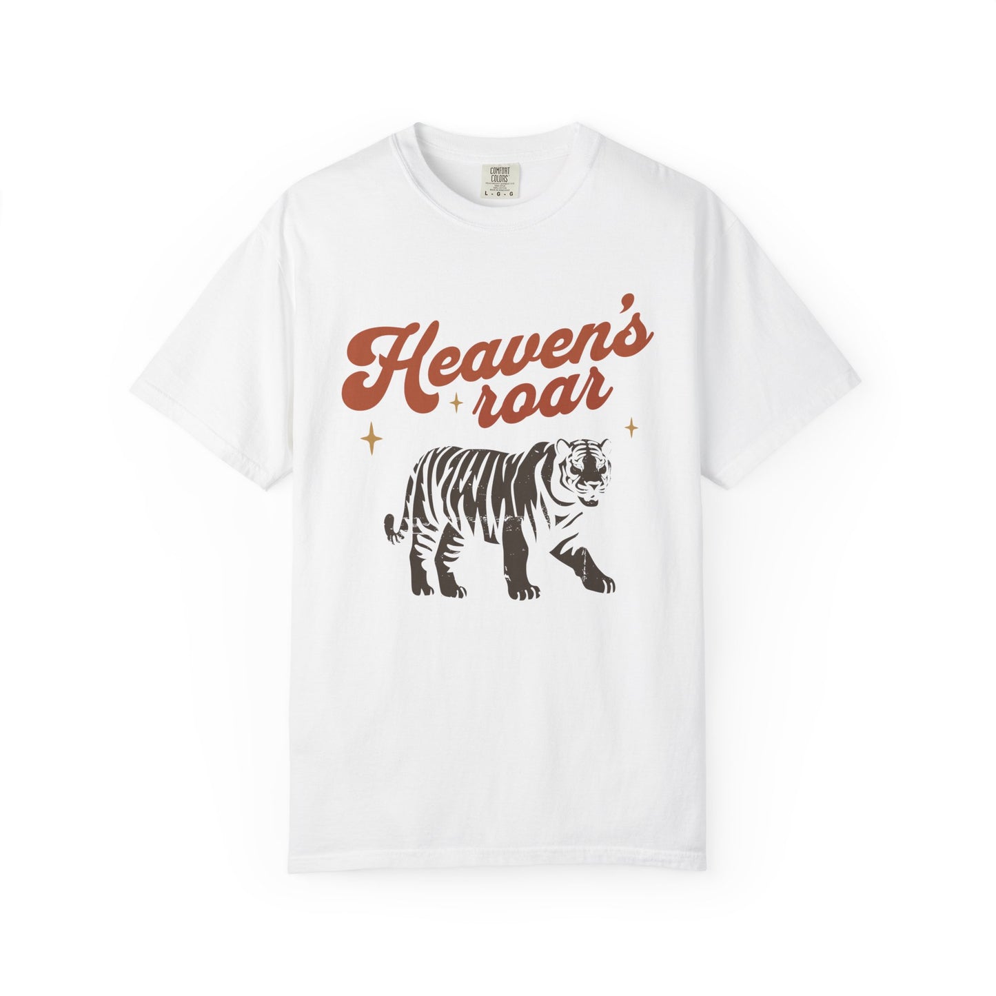 Christian t-shirt with Heaven's roar text in orange retro font and tiger graphic with stars