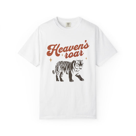 Christian t-shirt with Heaven's roar text in orange retro font and tiger graphic with stars