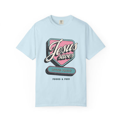 T-shirt with retro Jesus Saves design in pink and blue with distressed vintage styling