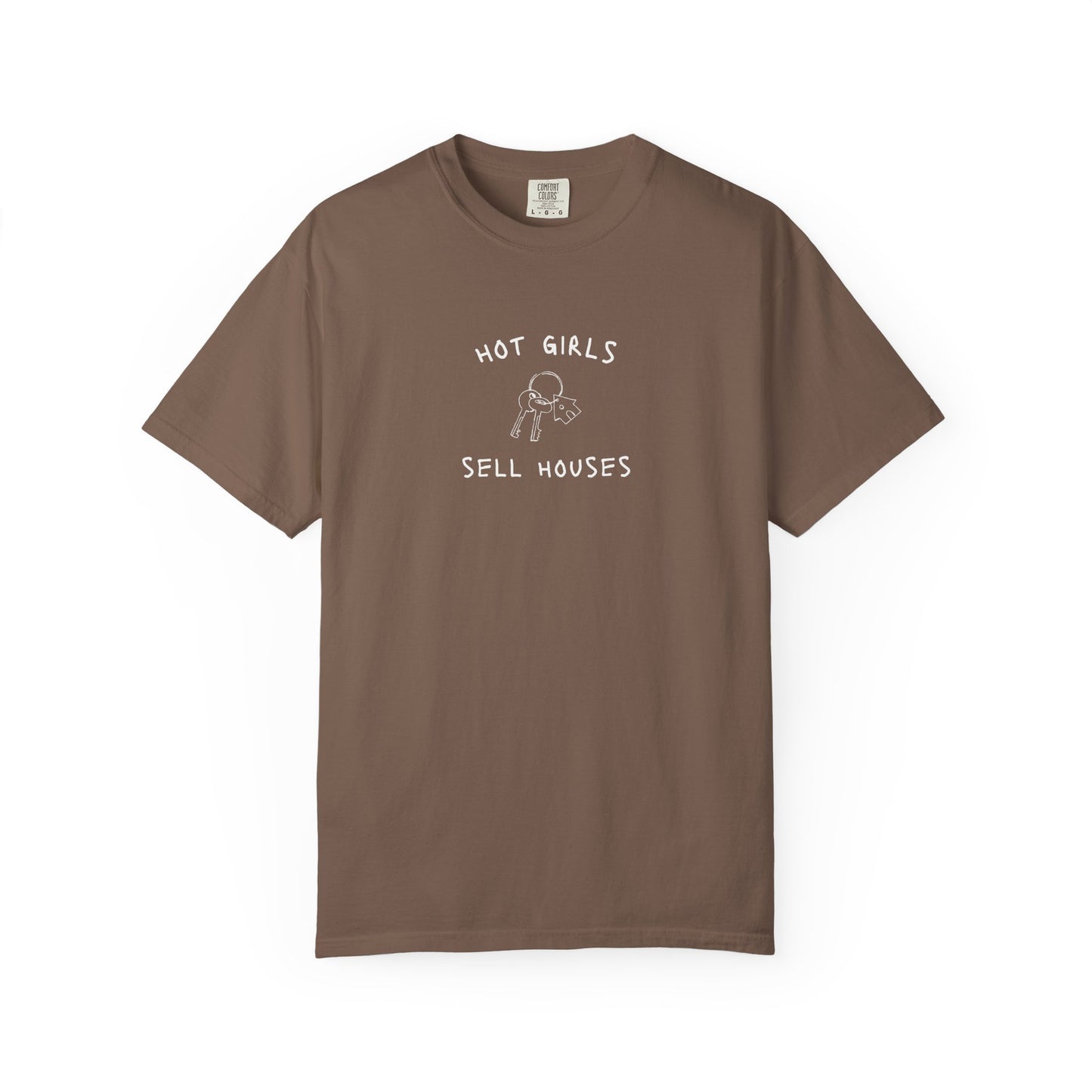 T-shirt with 'Hot Girls Sell Houses' text and hand-drawn house keys illustration in black