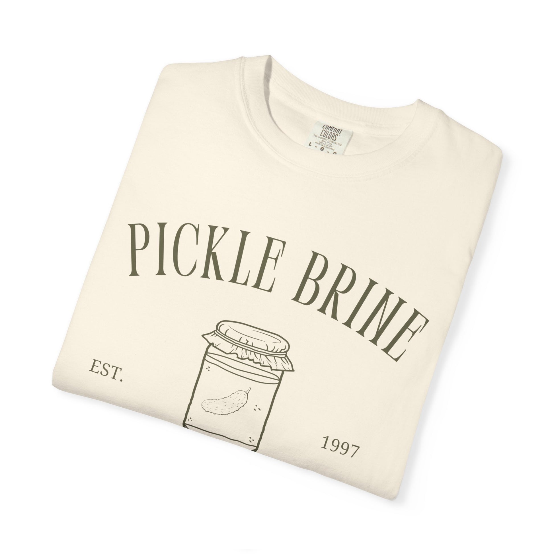 T-shirt with vintage pickle brine social club design featuring mason jar with pickle illustration