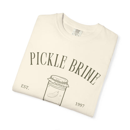 T-shirt with vintage pickle brine social club design featuring mason jar with pickle illustration