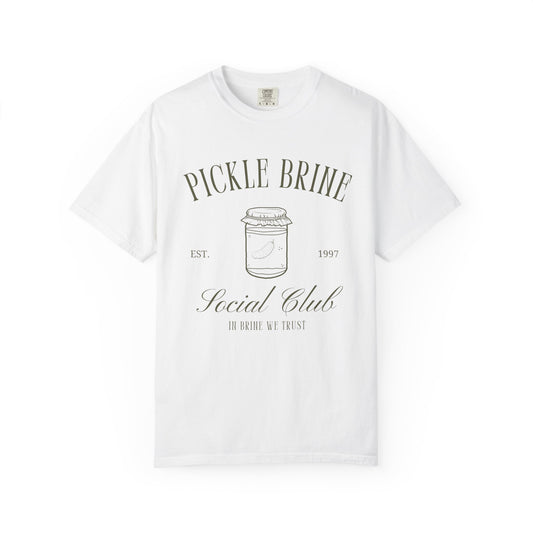 T-shirt with vintage pickle brine social club design featuring mason jar with pickle illustration
