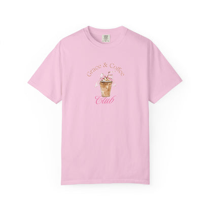 T-shirt with watercolor coffee cup design featuring pink bow and Grace & Coffee Club text